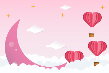 Vector valentines day pink background in paper cut flat origami style. Heart shape hot air balloon flying through the clouds and moon. Suitable for banner, poster, wallpaper, invitation, cover.
