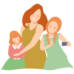mother and her kids taking selfie with smartphone,vector of mothers day concept