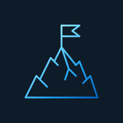 Mountain with flag vector blue outline icon or logo element on dark background