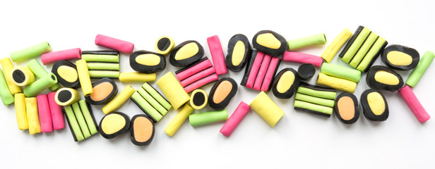 Colorful lollipop and licorice candy. View from above. Concept banner for design. © svetlana_cherruty