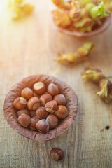 Top view photo composition of just harvested whole hazelnuts with shells in a plate of dried leaves on the rustic wooden board. Selective focus. Toned. 2