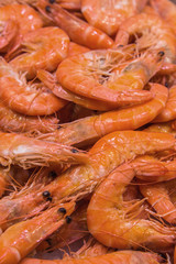 Fresh, raw shrimps and prawns on ice for food background. Close up photo with selective focus 6