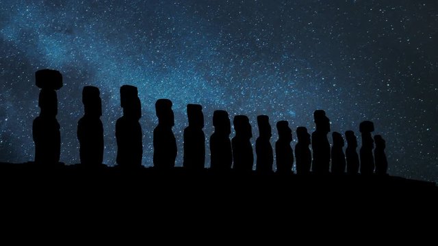 Moai, the Ancient and Mysterious Sculpture by Night with Stars and Milky Way in background, Easter island, Polynesia, Chile
