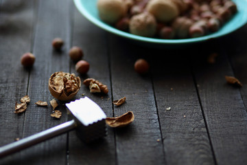 walnuts and hazelnuts on dark wooden background