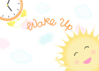 Vector illustration with smiling sun, alarm clock and inscription Wake Up on white background with color clouds. Typography motivation card, template for poster, decoration design, web banner, flyer.