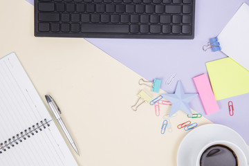 Flat lay, top view office table desk. Workspace background