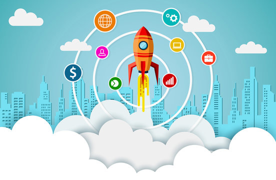 space shuttle are flying up into the sky while flying above a cloud and city. go to business success goal. leadership. icon and symbol. startup. creative idea. illustration cartoon vector