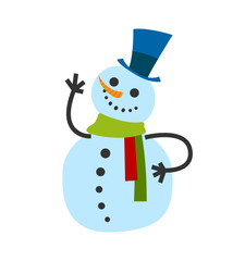 Snowman male, in warm winter scarf and high hat wave hand and greets everyone. Smiling cartoon wintertime characters, Christmas postcard isolated vector