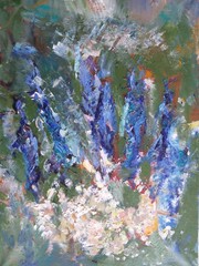 Abstract blue and white flowers on green background oil painting illustration © Ekaterina