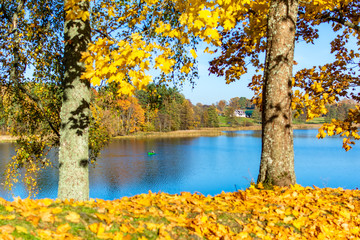 Autumn landscape with lonely boat on the lake. Bright autumn park with blue lake and dry fallen colorful leaves. Colorful bright foliage in the autumn park. Autumn leaves background.