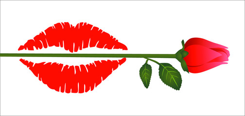 Carte pour la saint Valentin - illustration composée d’une empreinte de bouche rouge et d’une rose rouge.