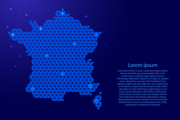 France map abstract schematic from blue triangles repeating pattern geometric background with nodes and space stars for banner, poster, greeting card. Vector illustration.