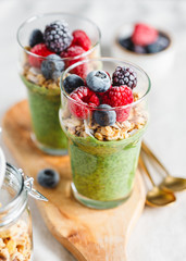 Chia pudding with matcha tea, organic granola, frozen berries in glasses. The concept of healthy...