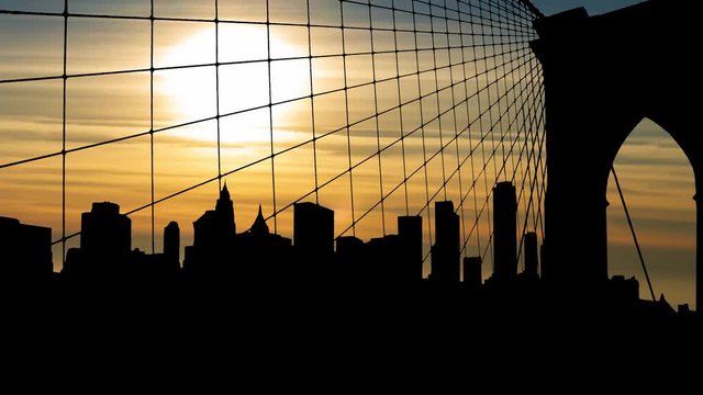 New York: Famous Skyline of Downtown from Brooklin Bridge at Sunset, Manhattan, New York City, USA