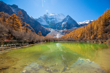 Obraz premium pearl lake with snow mountain in yading nature reserve, Sichuan, China.