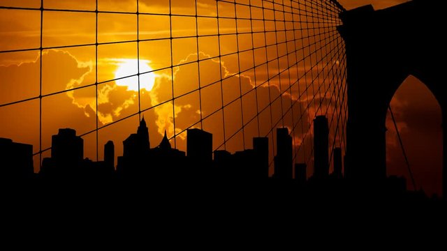 New York: Famous Skyline of Downtown from Brooklin Bridge at Sunset, Manhattan, New York City, USA