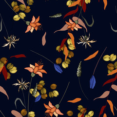Modern botanical background. Wallpaper. Hand drawn. Vector illustration. Folk flowers. Seamless floral pattern with wild flowers and tropic leaves