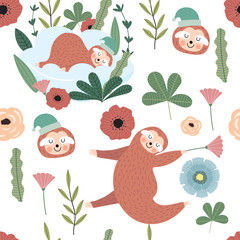 Hand drawn seamless pattern with sloth,van,flower and cloud