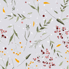 Blooming wild floral memphis print. Vector illustration. Trendy polka dots seamless pattern with bohemian hand drawn flowers.