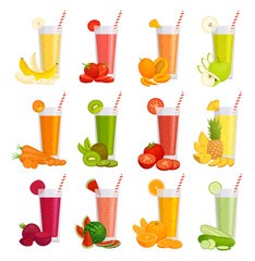 A set of glasses with juice, fruits and vegetables. Various smoothies. Illustration in cartoon style. Vector drinks.