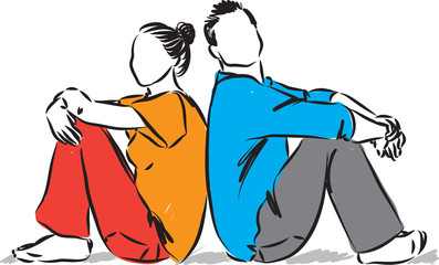 COUPLE MAN AND WOMAN SITTING DOWN ILLUSTRATION