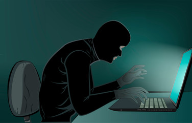hacker in black clothis sitting at the laptops in the room, close-up, vertical vector illustration