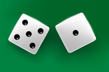 Top view of white dice. Casino dice cubes on green desk background. Online casino poker dice gambling concept.