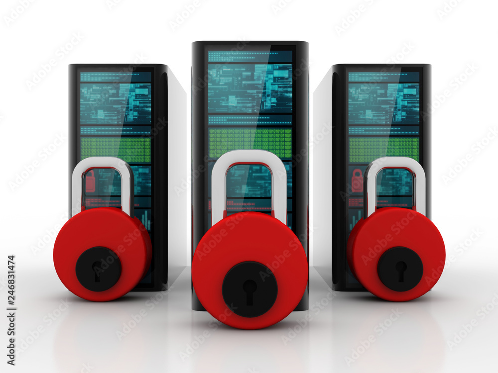 Poster computer server racks with padlocks. security and protection concept. 3d rendering