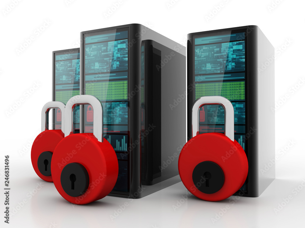 Aufkleber computer server racks with padlocks. security and protection concept. 3d rendering