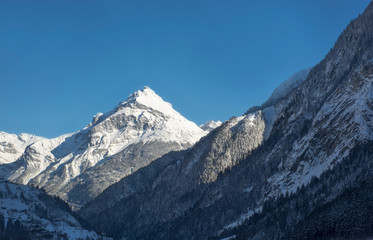 Fototapeta na wymiar Snow-capped Mountain with Forest and Blue Sky in a Sunny Day in Switzerland.