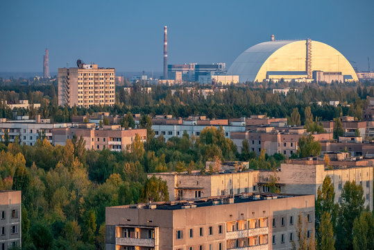 view on the reactor shelter from the roof of a high-rise apartment in a thrown city