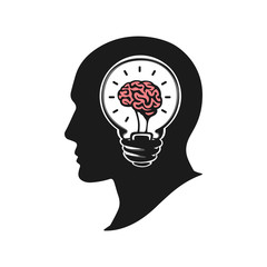 Human head creating a new idea vector illustration. Human head with brain. Silhouette human head with light bulb