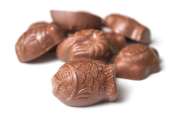 Closeup of milk chocolate in shaped of animals on white background