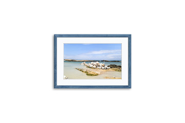 Frame mock up with sea view and seagulls picture, grey blue realistic wooden framework isolated on white background 