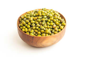 Green bean or mung beans in wooden bowl on white background