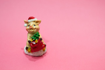 Fototapeta na wymiar Christmas tree decoration in shape of pig with fir tree and Santa costume on living coral background. Happy China New 2019 year, copy space, symbol.