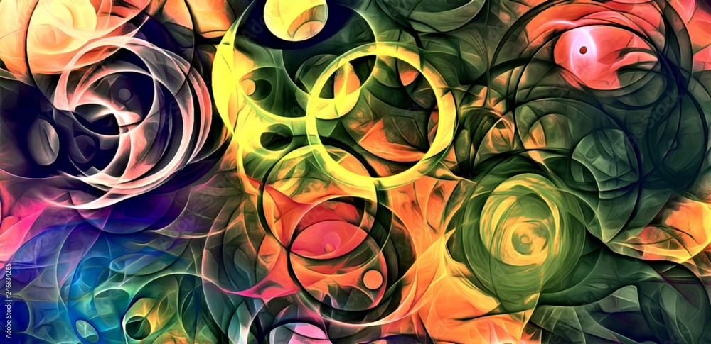 Poster abstract psychedelic background colored fractal hotspots arranged circles and spirals of different s