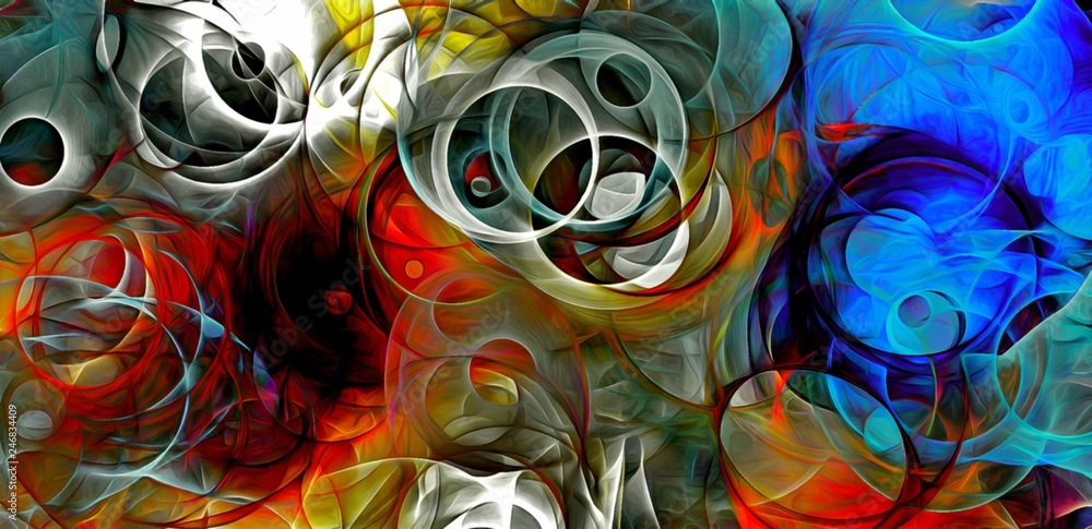 Poster abstract psychedelic background colored fractal hotspots arranged circles and spirals of different s