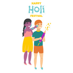 Holi indian festival celebration. Children playing with paint. Girl smears boy with paint joyfully. Boy holds the water gun witn paint.