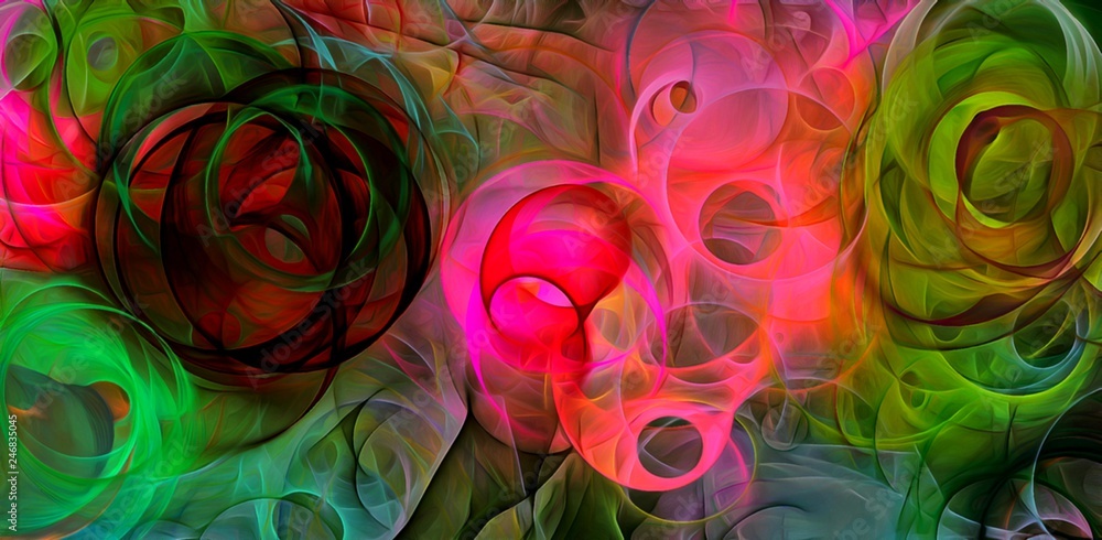 Poster abstract psychedelic background colored fractal hotspots arranged circles and spirals of different s