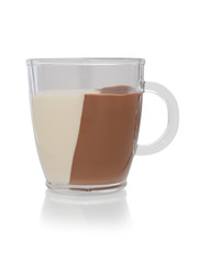 glass jar of chocolate paste of dark and light colors on a white background