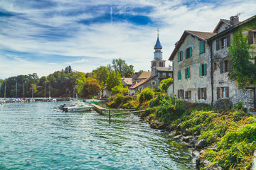Yvoire medieval town overlooking the Geneva Lake, France - obrazy, fototapety, plakaty