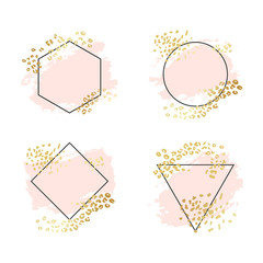 Abstract geometric vector background, brush paint illustration, frame, element, shape set. Pink ink brush stroke with rich golden exotic leopard animal skin texture