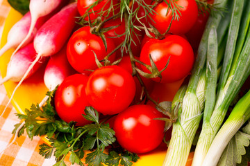 Cherry tomatoes, radish and green onions on yellow plate.