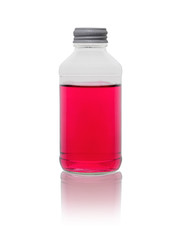 medicine of lilac color in a glass small bottle on a white background