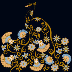 pattern with embroidered peacock and flowers