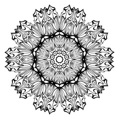 Hand-Drawn Henna Ethnic Mandala. Circle Lace Ornament. Vector Illustration. For Coloring Book, Greeting Card, Invitation, Tattoo. Anti-Stress Therapy Pattern. Black and white