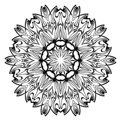 Hand-Drawn Henna Ethnic Mandala. Circle Lace Ornament. Vector Illustration. For Coloring Book, Greeting Card, Invitation, Tattoo. Anti-Stress Therapy Pattern. Black and white
