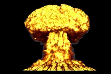 blast 3D illustration of large very highly detailed mushroom cloud explosion with fire and smoke looks like from nuclear bomb or any other big explosives isolated on black