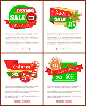Set of Christmas discount web icons. Sale from 25 to 55 percents and super choice. Price tags with cookies of house and candy, snowflake and belt vector